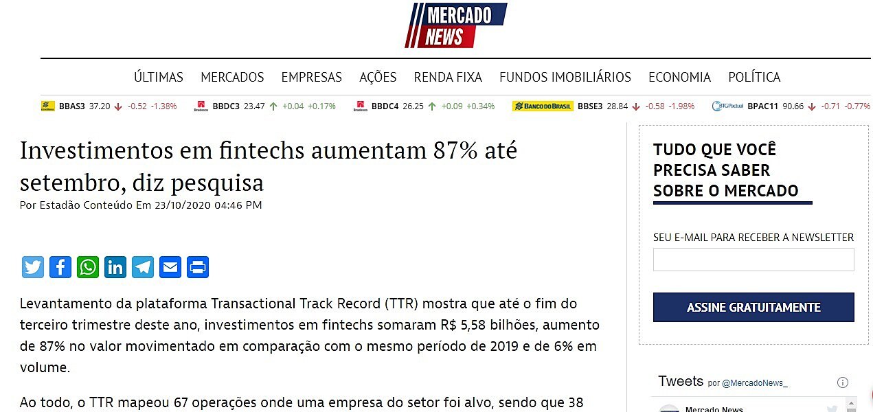 Investimentos em fintechs aumentam 87% at setembro, diz pesquisa